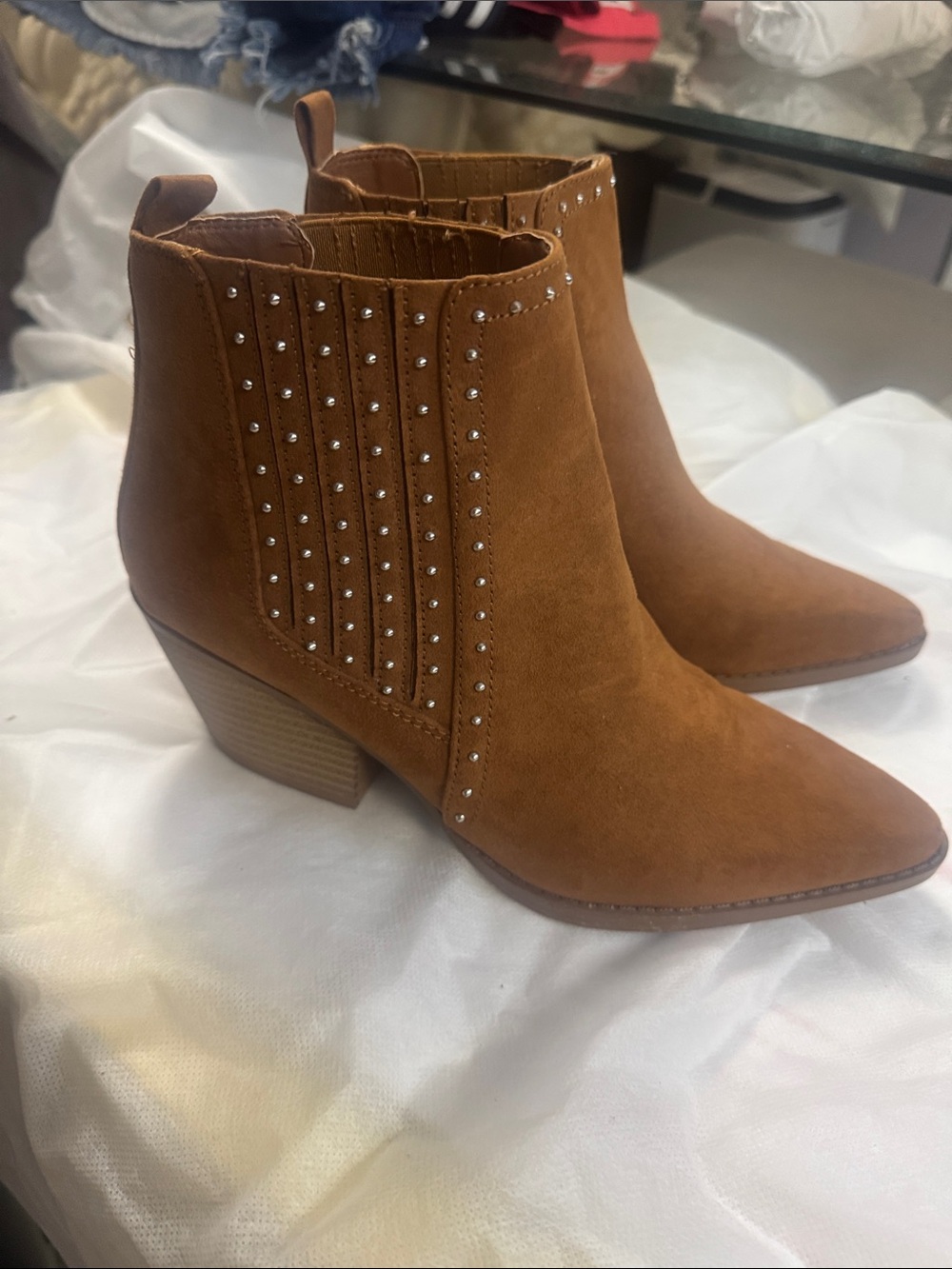 Maurices Studded Suede Pointed Toe Ankle Boots in Brown